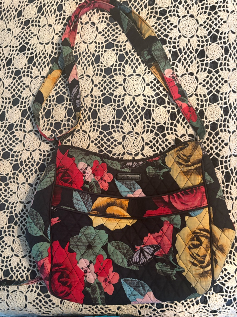 Vera Bradley Quilted Floral Tote Bag in Black with Multicolor Roses and matching